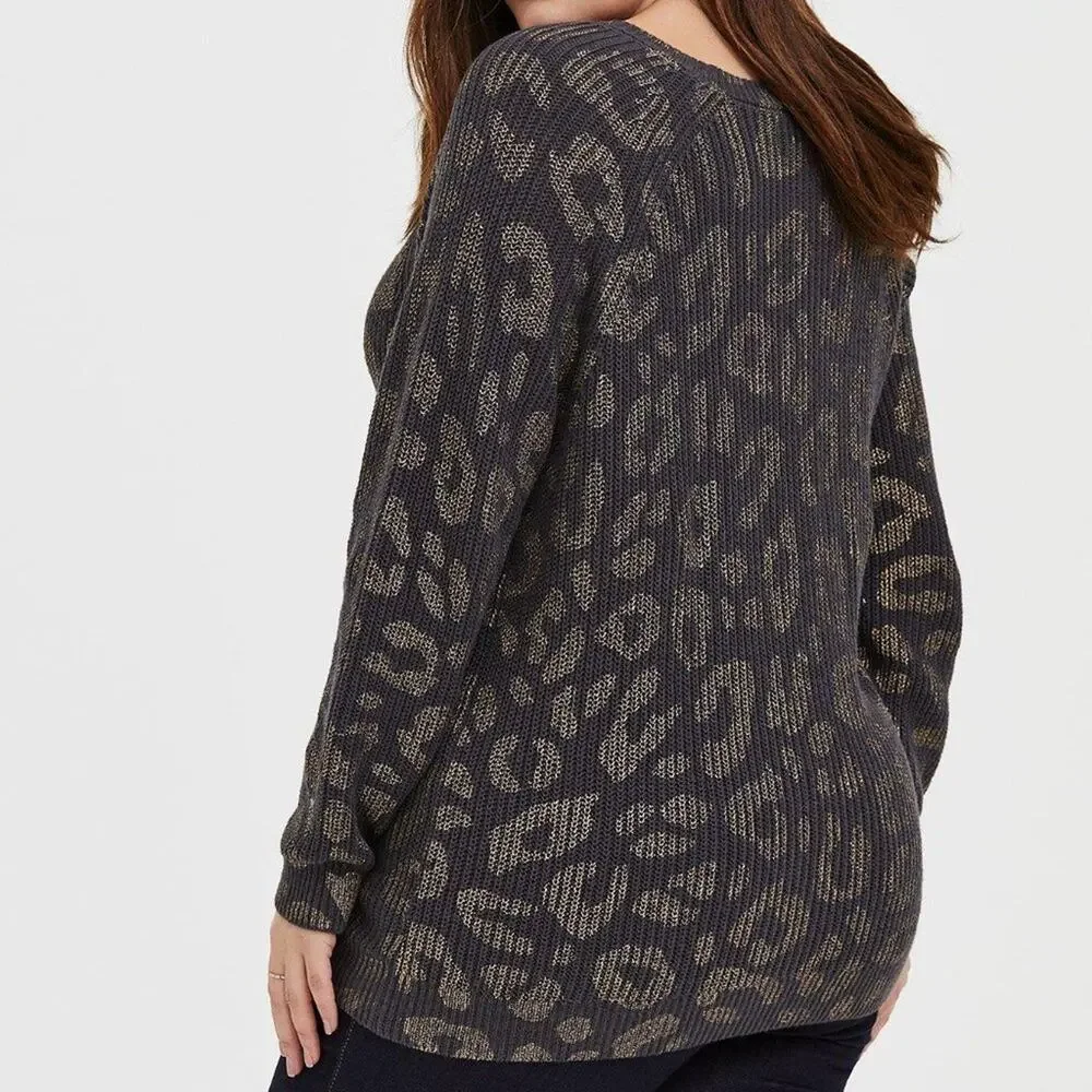 Torrid Dark Grey Gold Foil Leopard Rib Pullover Sweater Animal Print Size 2 2X - Picture 4 of 12